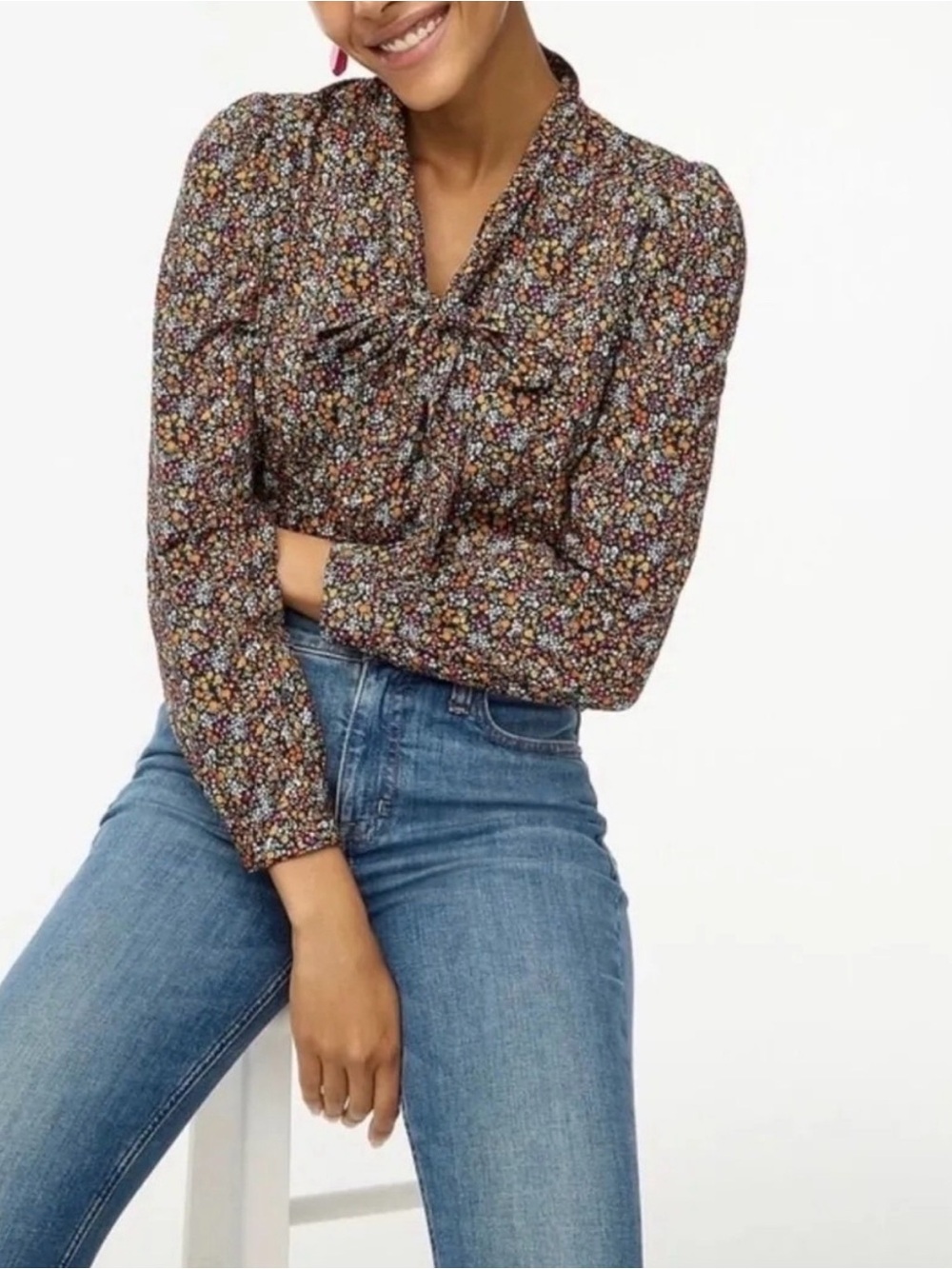 J. Crew Brown Floral Tie-Neck Blouse